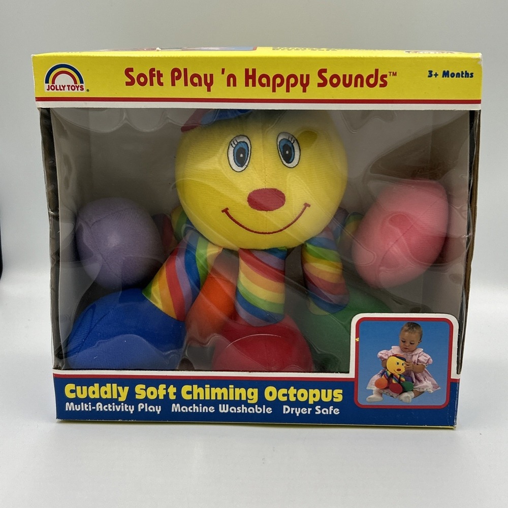 Vintage Jolly Toys Rainbow Plush Octopus with Chime 1995 NIB Colorful 3+ Months